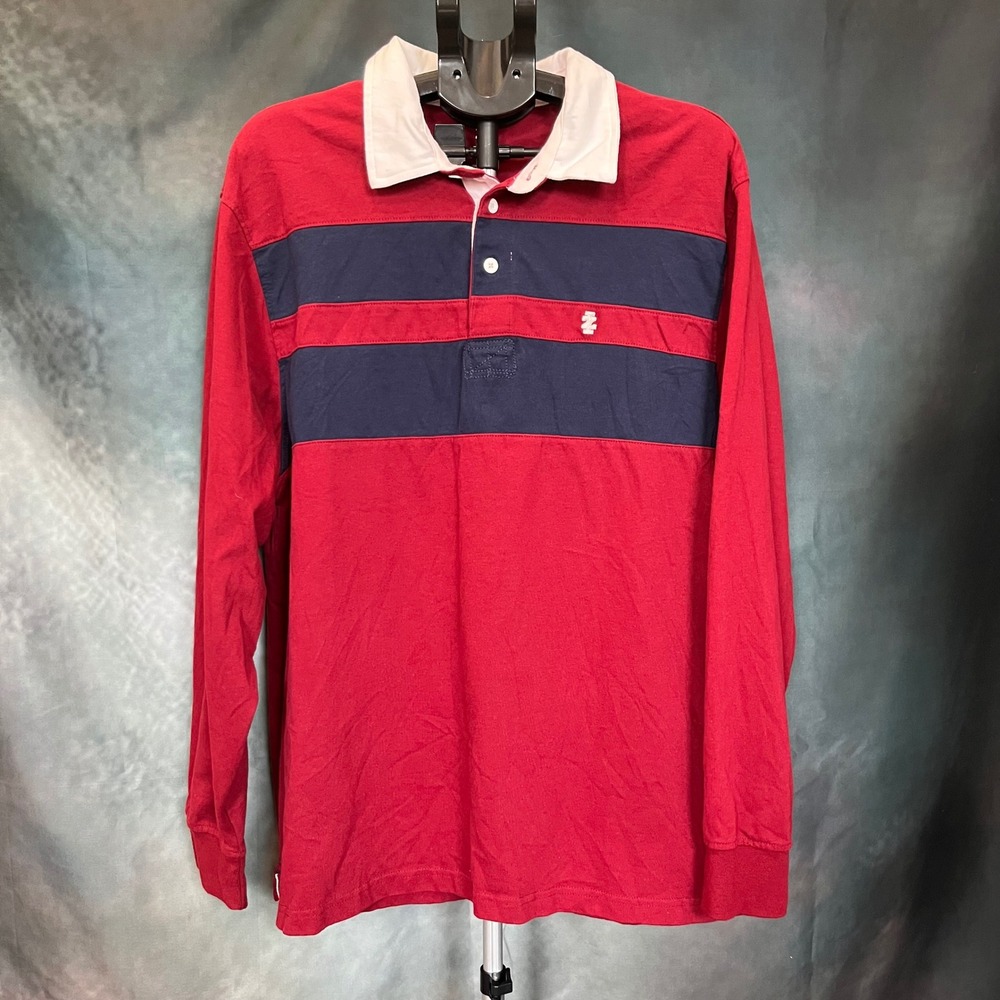 IZOD Mens Long Sleeve‎ Rugby Shirt Red Navy Stripe Polo Collar Size XL